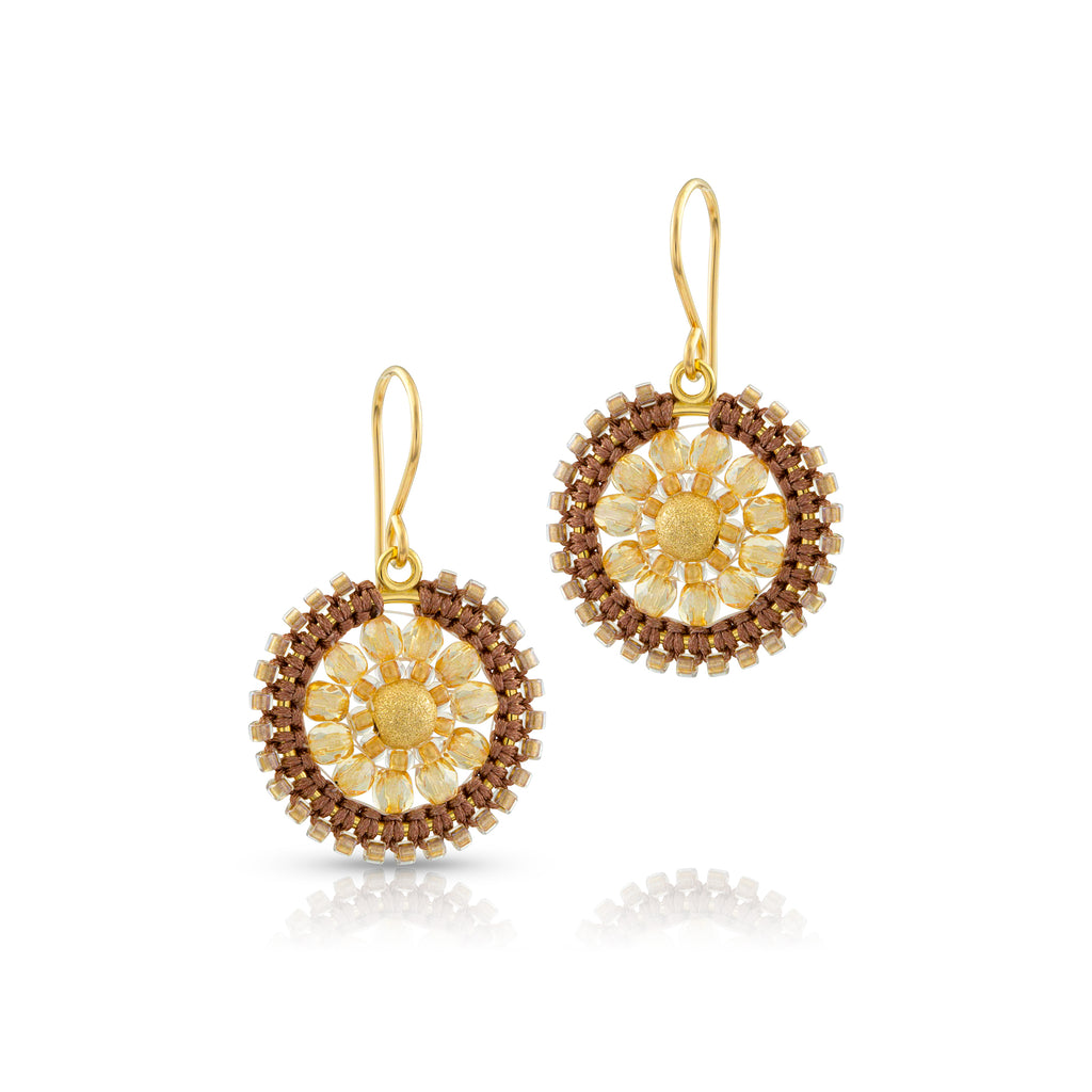 Elegant handcrafted gold-filled hooks gracefully suspend macramé silk knotted medallions of glass beads and a dainty gold center bead